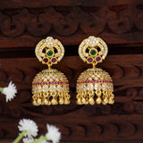Gold Plated CZ Stone Beads Hanging Jhumka Earrings-Ruby Emerald & CZ