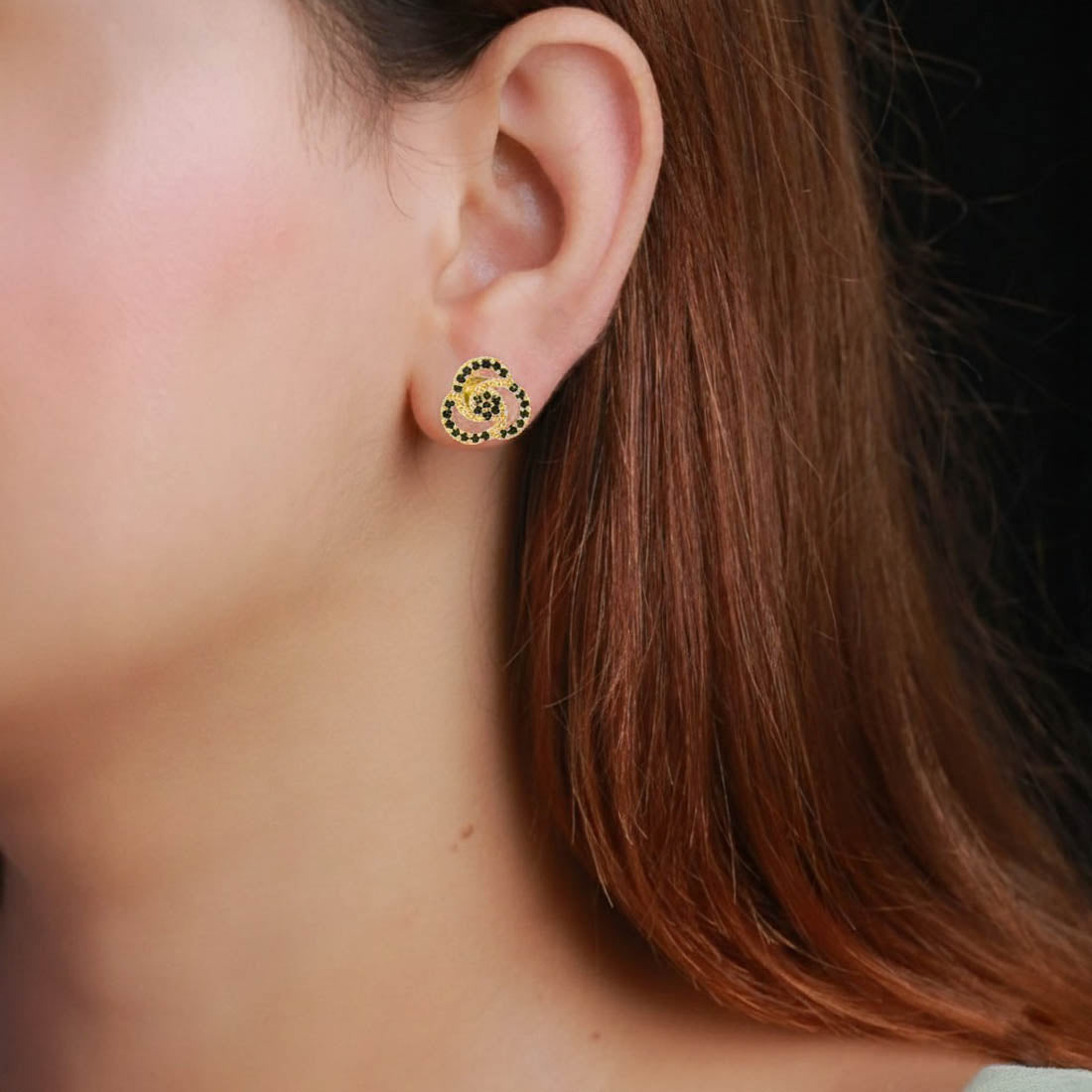 Gold Plated Black CZ Floral Swirl Stud Earrings