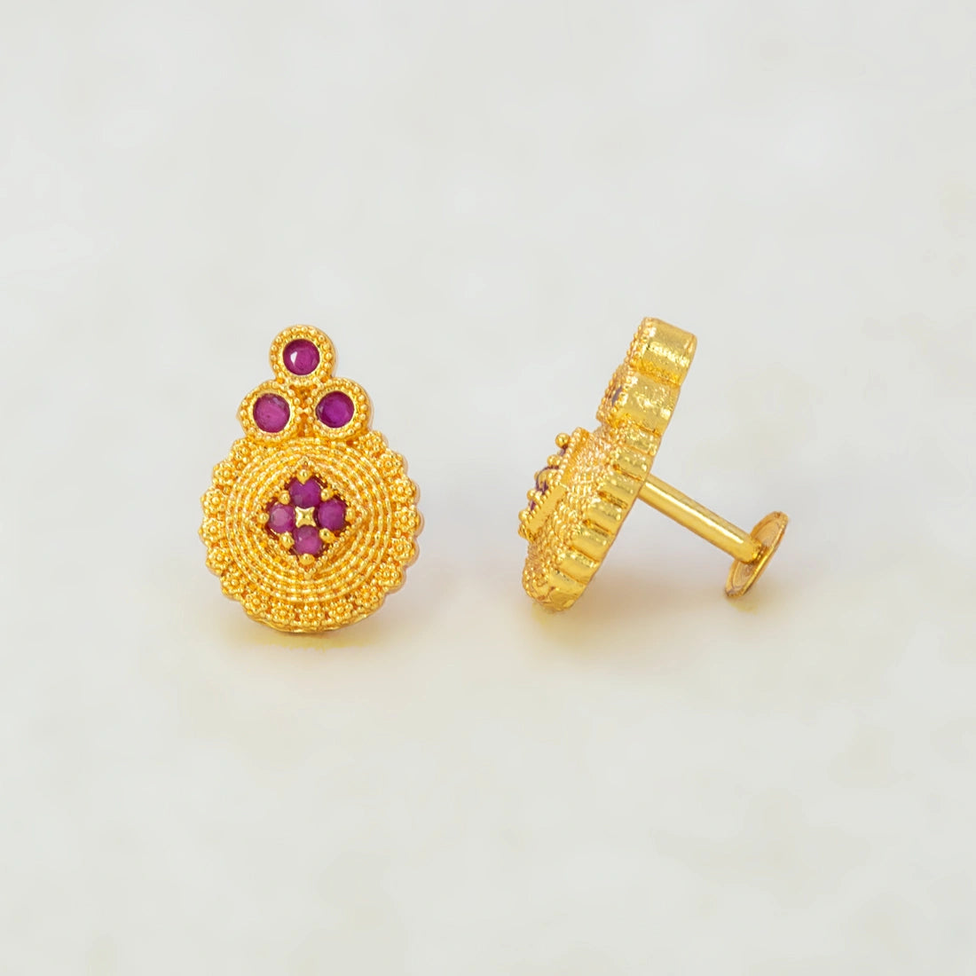 Gold Plated Floral Stone Studded Earrings-Ruby