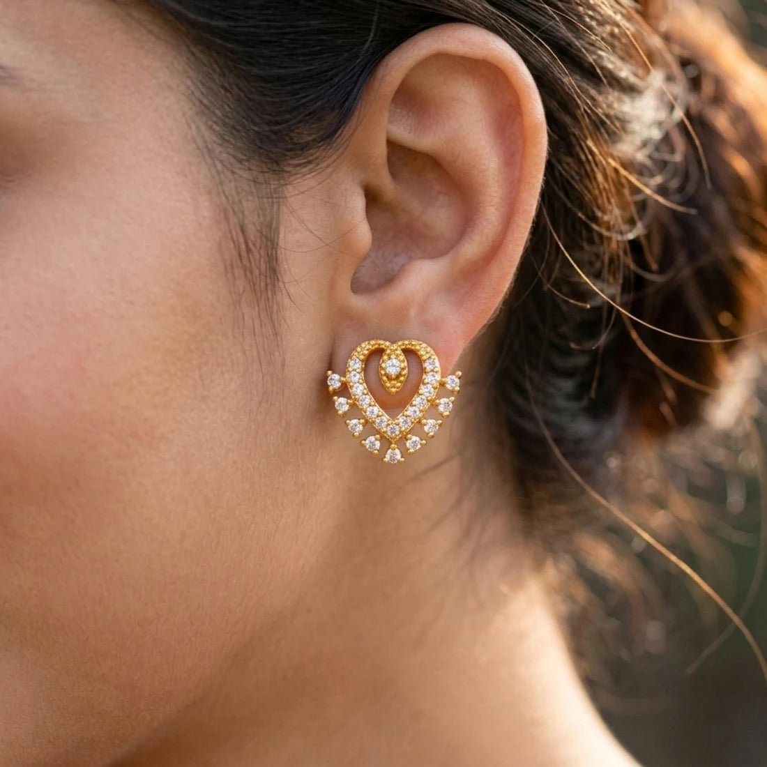 Gold Plated Heart Design Stone Studs-AD