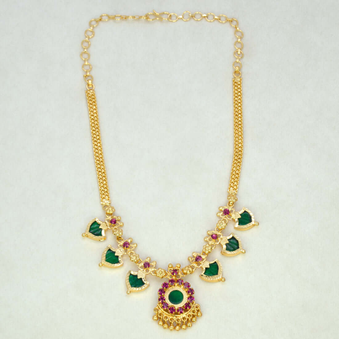 Gold Plated Traditional Palakka Necklace- 3 Stone - Green