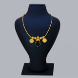 Green Enamel Gold Plated Lakshmi Kasu Necklace showcasing lush green stone pendant and Lakshmi coins.