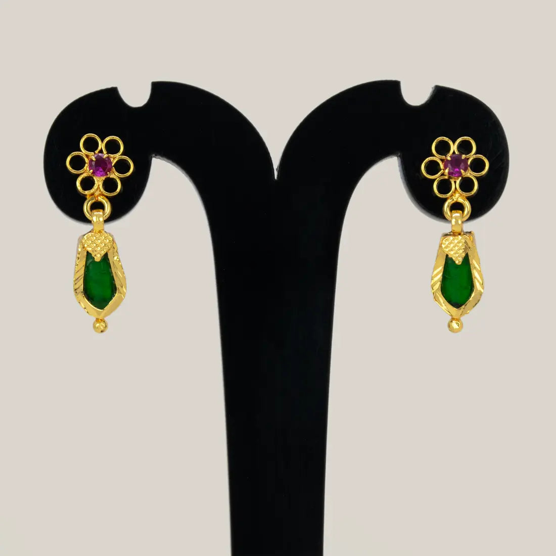 Gold Plated Green Nagapadam Floral Stud Drop Earrings showcasing intricate design with green gemstones and ruby center.