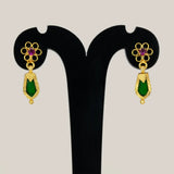 Gold Plated Green Nagapadam Floral Stud Drop Earrings showcasing intricate design with green gemstones and ruby center.