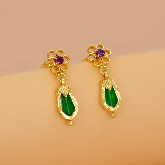 Gold Plated Green Nagapadam Floral Stud Drop Earrings with ruby and green stone detail.