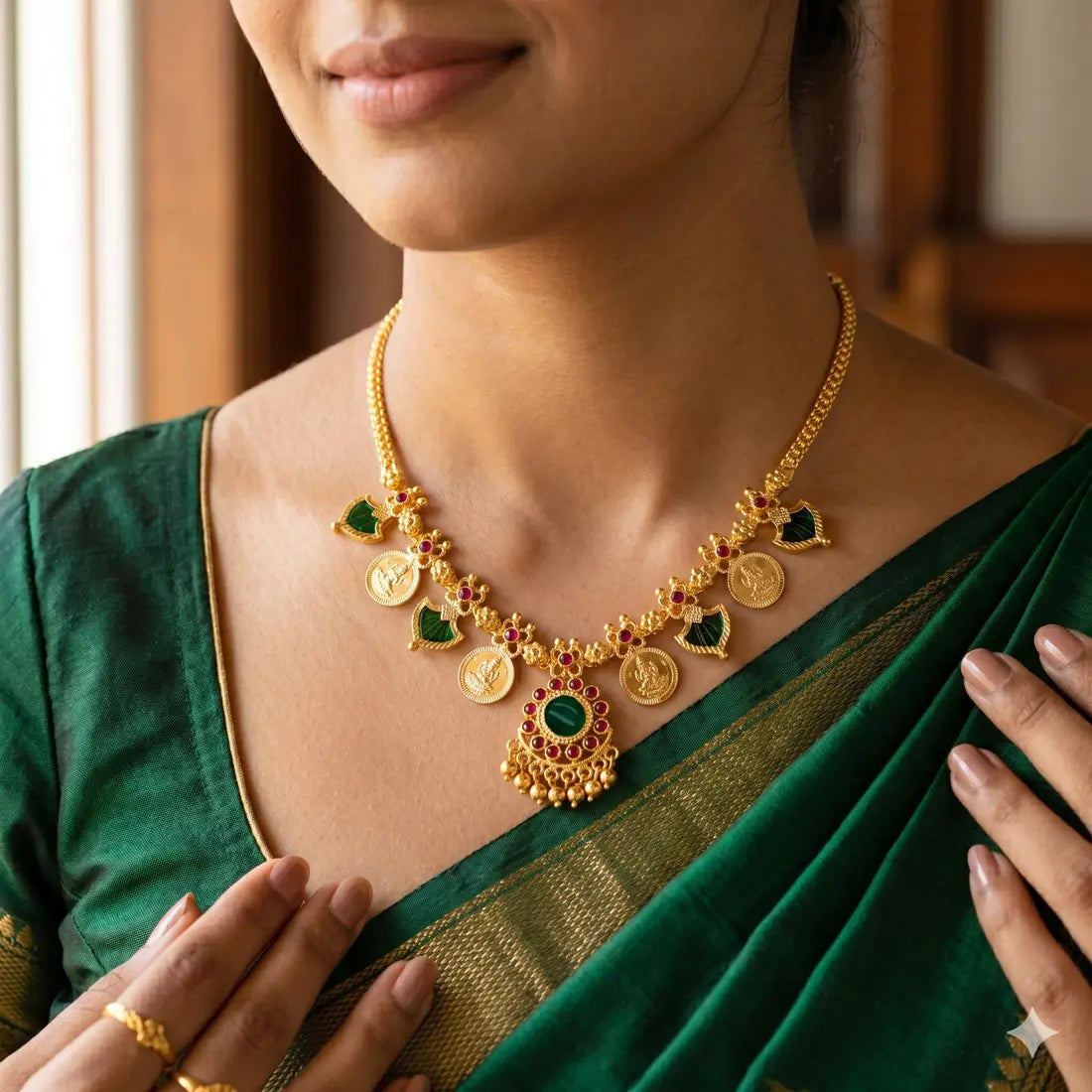 South Indian Green Palakka Lakshmi Kasu Necklace worn by a woman, showcasing gold floral links and green accents.