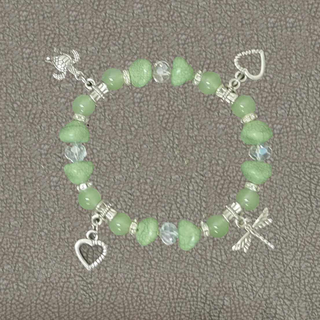 GreenCrystalBeadedSilverCharmsBracelet