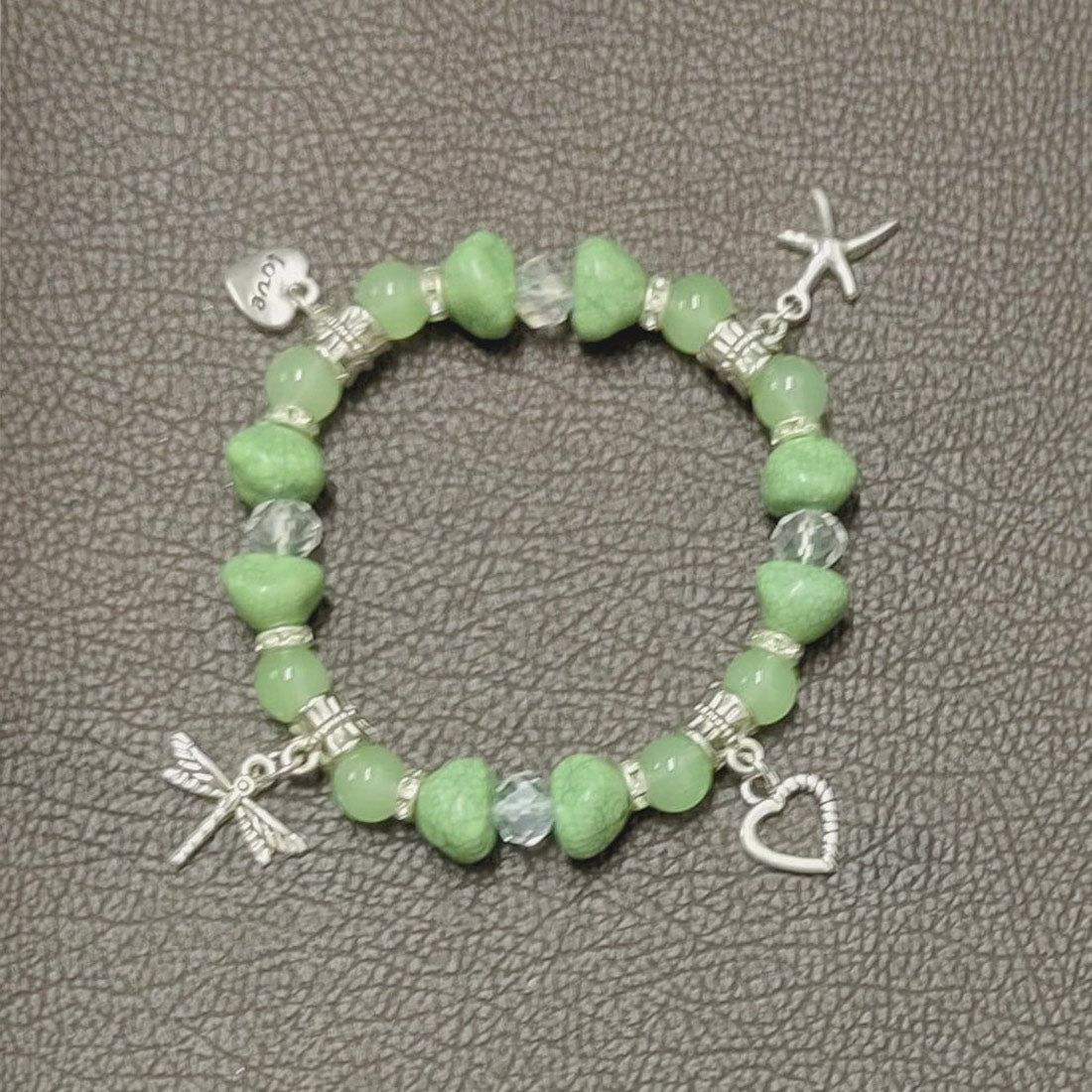 GreenCrystalBeadedSilverCharmsBracelet