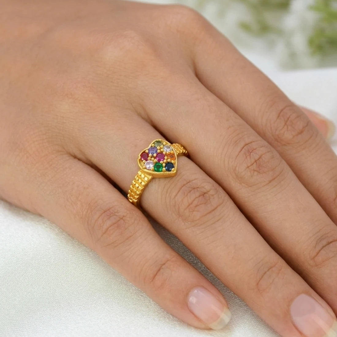 Gold-Plated Navaratna Heart Finger Ring