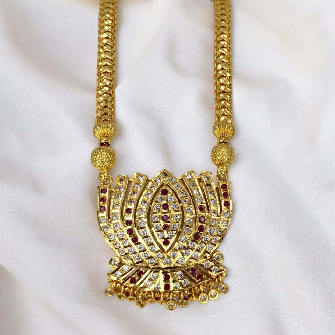 Gold Plated Designer Chain with Big Ruby CZ Lotus Pendant