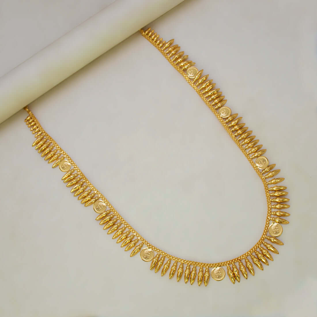 Traditional Gold Plated Jasmine Buds Head Cash Long Chain featuring jasmine bud motifs and kasu charms.