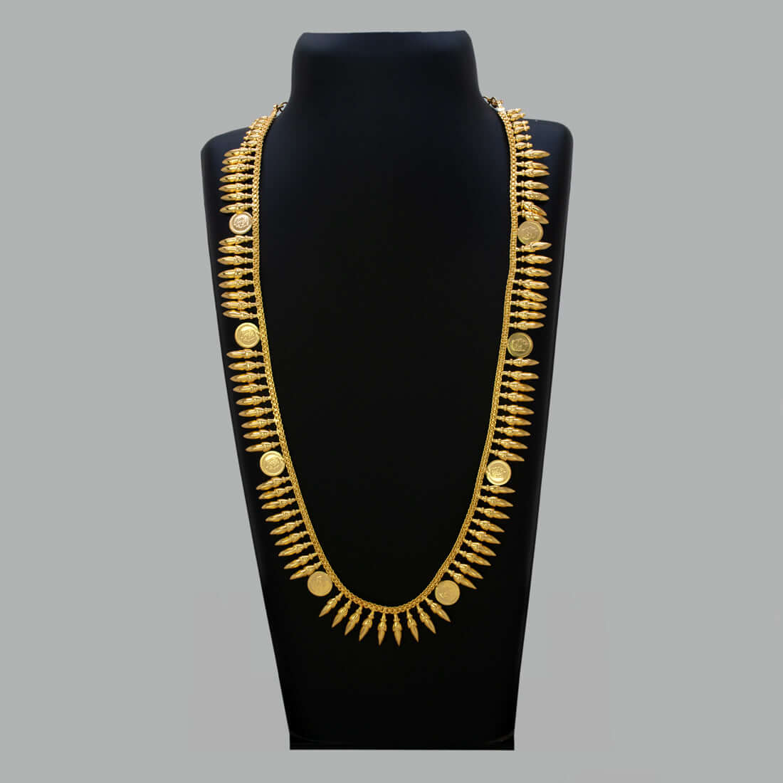 Traditional Gold Plated Jasmine Buds Head Cash Long Chain showcasing ornate jasmine bud and coin motifs.