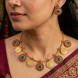Antique Matte Floral Kemp Stone Lakshmi Kasu Necklace Set
