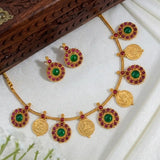 Antique Matte Floral Kemp Stone Lakshmi Kasu Necklace Set