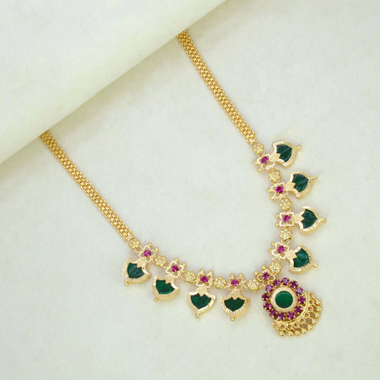 Gold Plated Traditional Palakka Necklace- 4 Stone - Green