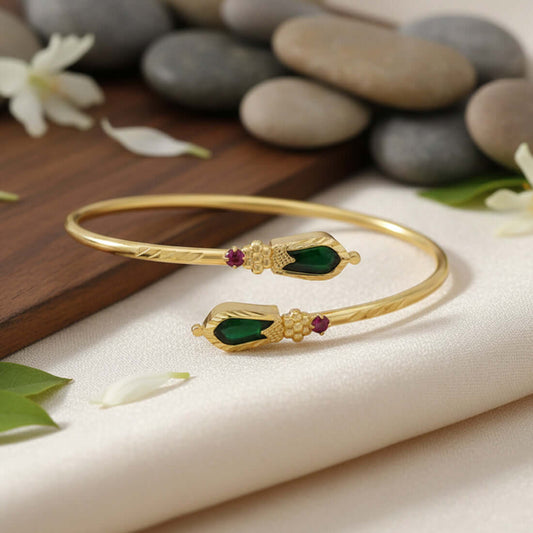 K Supreme Kerala Traditional Gold Plated Open Nagapadam Bracelet - Green