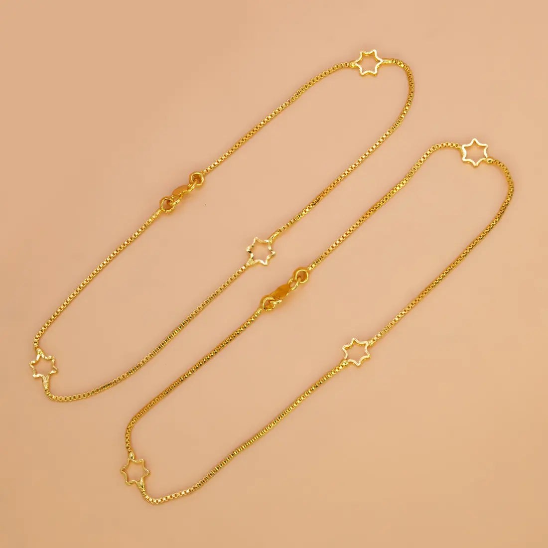 Delicate Gold Plated Star Box Chain Anklets featuring star charms in bright gold finish.