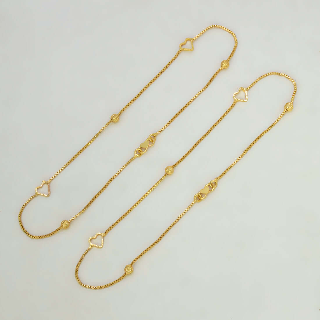 Gold Plated Box Chain Textured Beads Heart Anklets
