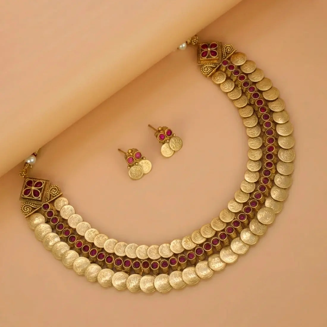 Antique Lakshmi 2-Layer Kasu Kemp Choker Necklace Set - Red