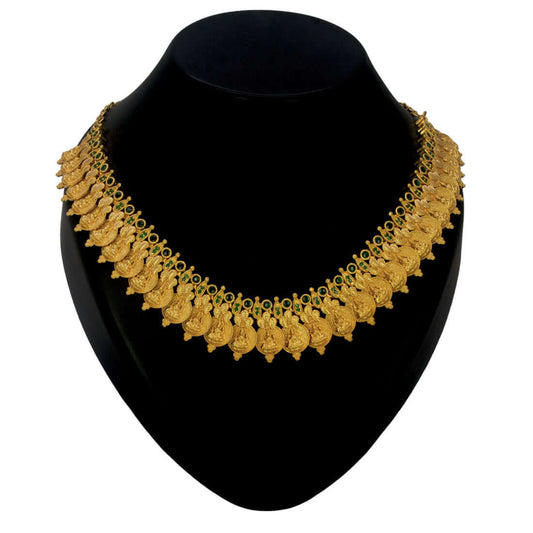 Matte Gold Plated Temple Emerald Lakshmi Kasu Necklace