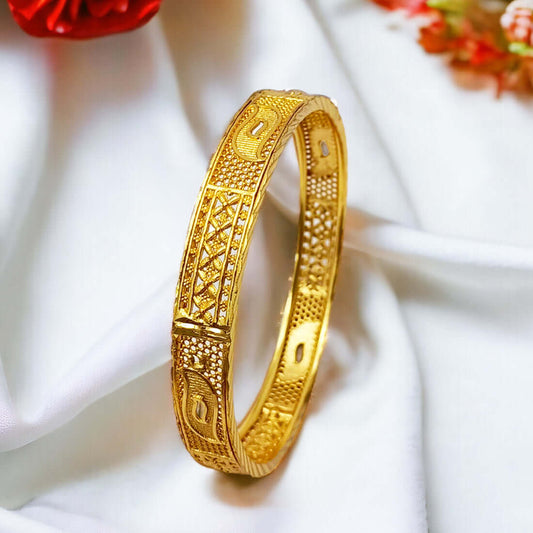 Stylish Gold Plated Designer Mesh Bangle showcasing intricate mesh design and imitation gold finish.