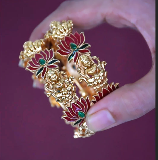 Elegant Matte Gold Plated Lakshmi Lotus Enamel Bangle with lotus design and colorful enamel work.