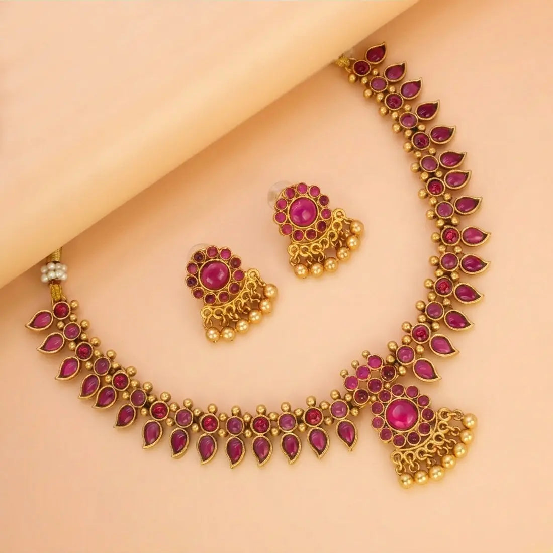  Antique Gold Plated Kemp Stone Mango Necklace Set - Ruby Red