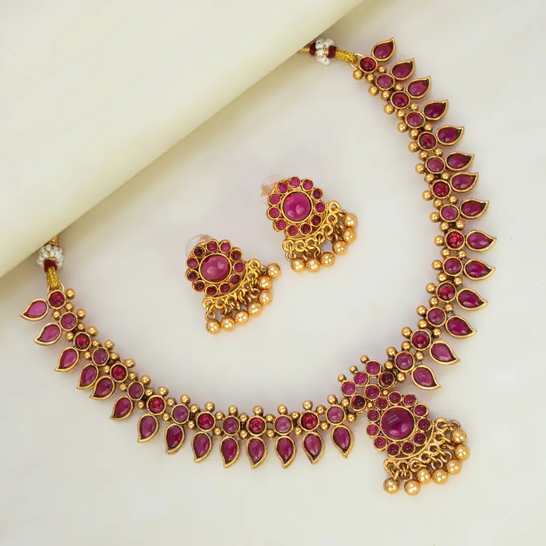  Antique Gold Plated Kemp Stone Mango Necklace Set - Ruby Red