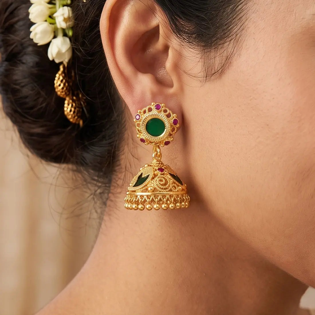Small Gold-Plated Ruby Stone Mango Jhumka Earrings