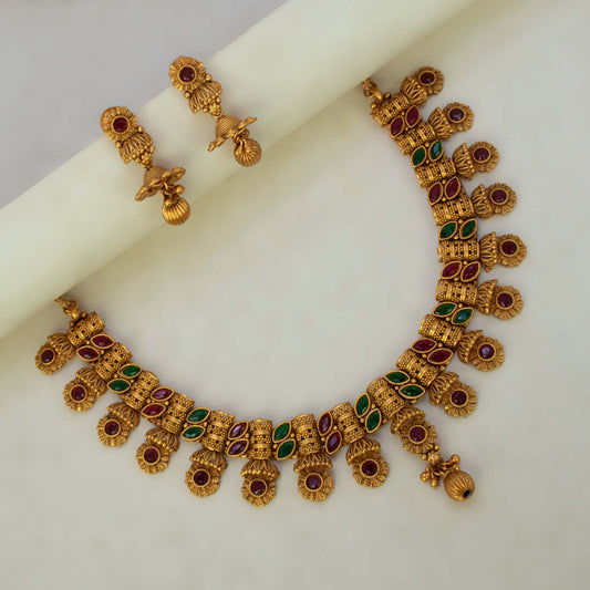 Matte Gold Plated Multi-Colour Stone Necklace Set