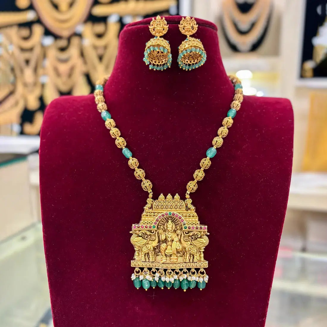 Antique Temple Gajalakshmi Pendant Necklace Set - Multi