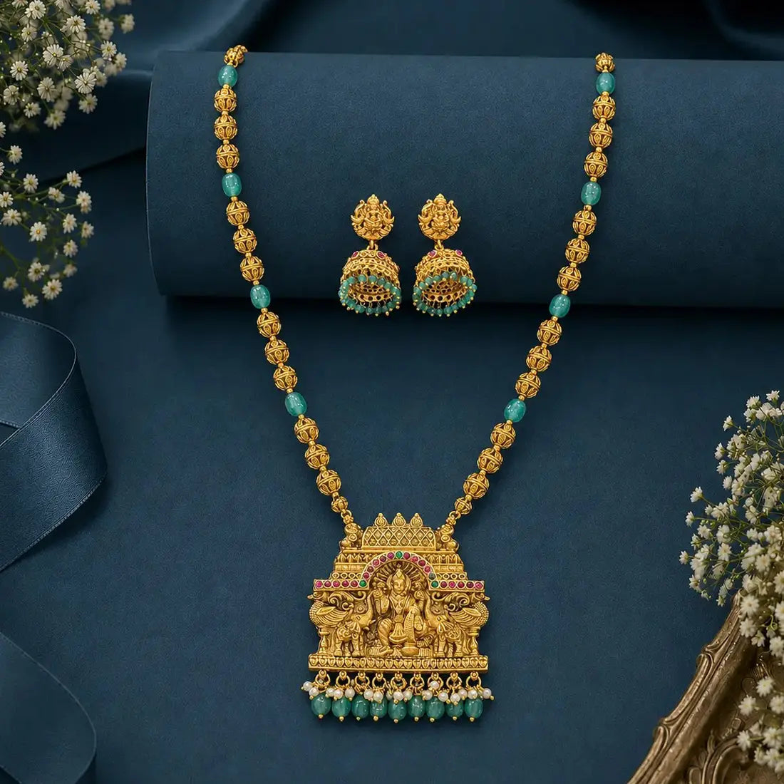 Antique Temple Gajalakshmi Pendant Necklace Set - Multi