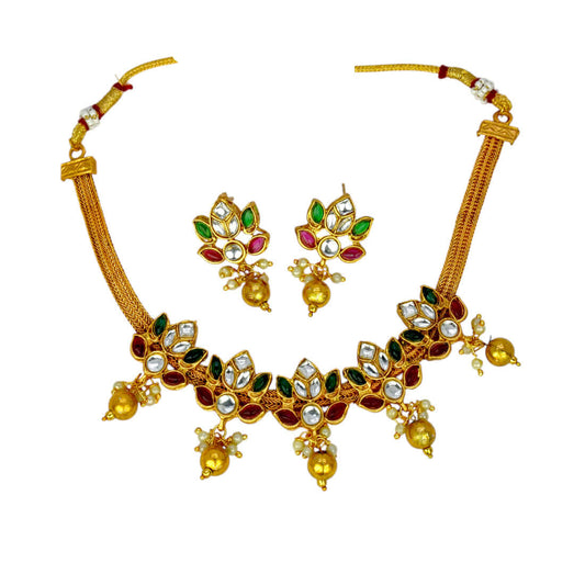 Multi-colour Kemp Stone Matte Lotus Necklace Set