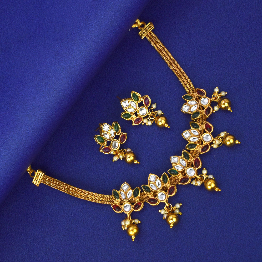 Multi-colour Kemp Stone Matte Lotus Necklace Set