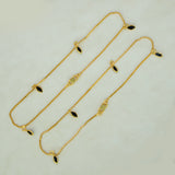 Gold Plated Box Chain Stone Charm Anklets - Black