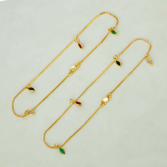 Gold Plated Box Chain Stone Charm Anklets - Multi