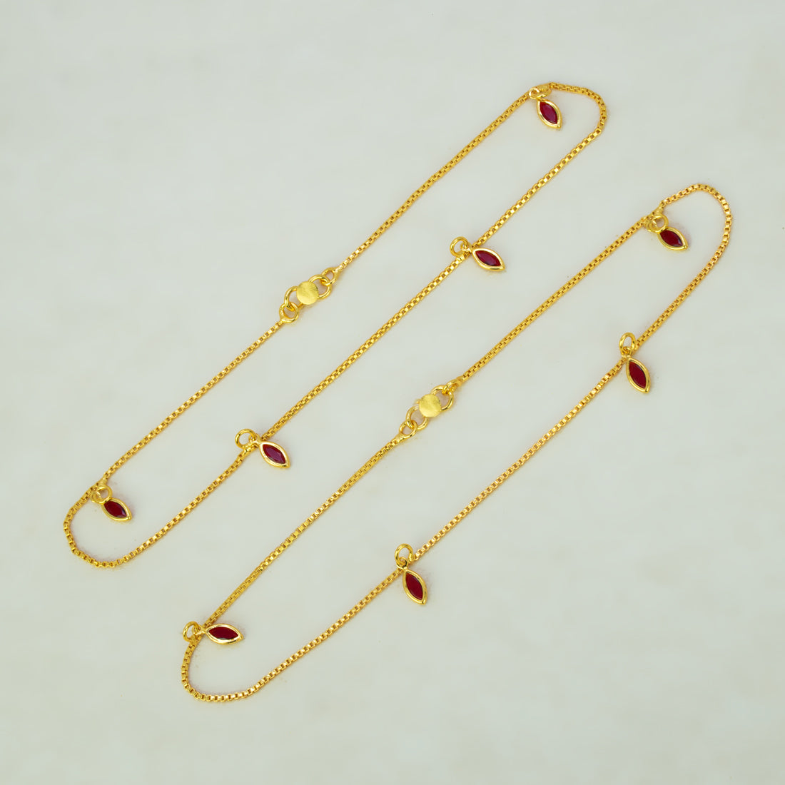 Gold Plated Box Chain Stone Charm Anklets - Red