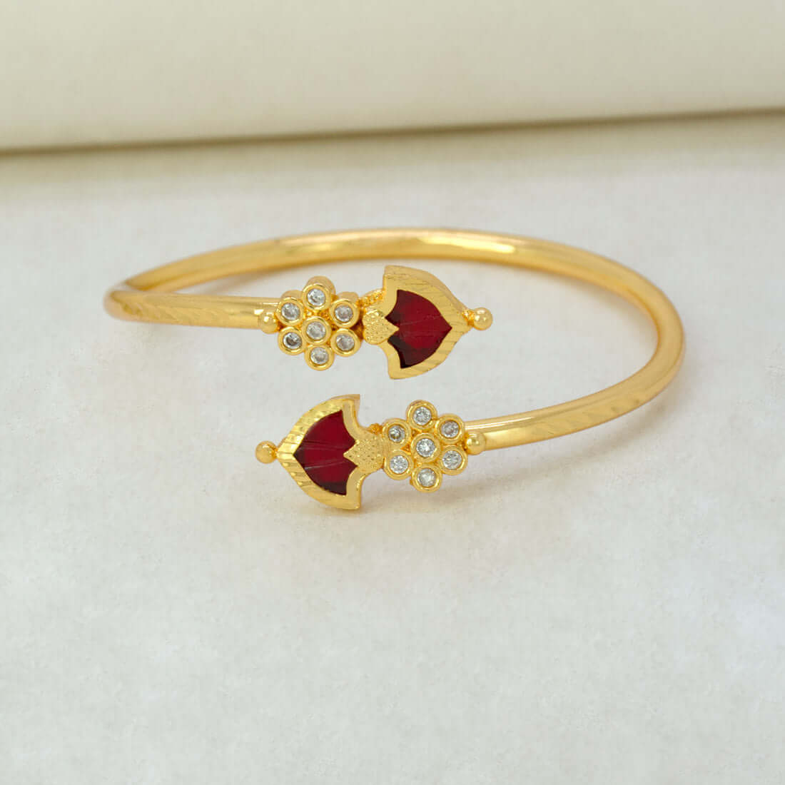 Gold Plated Floral CZ Stones Open Palakka Bangle - Red