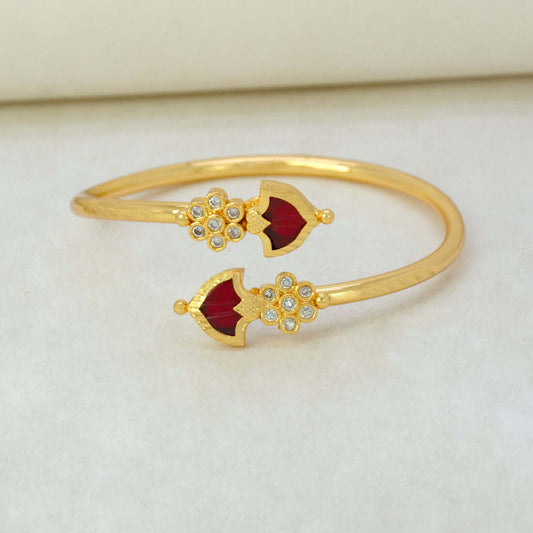 Gold Plated Floral CZ Stones Open Palakka Bangle - Red