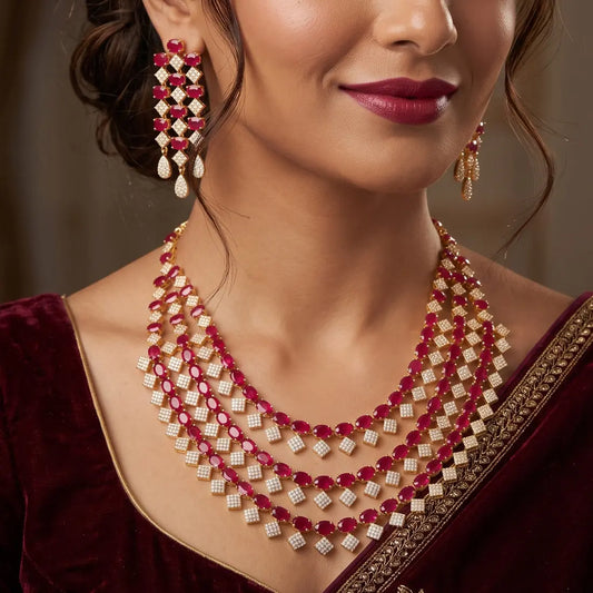 Breathtaking Gold-Plated Ruby CZ Stone Layered Necklace Set