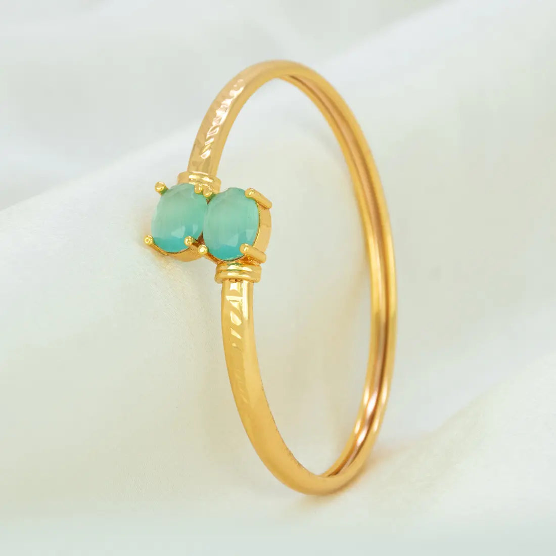 Gold Plated Dual Oval Stone Cuff Bangle - Pastel Green
