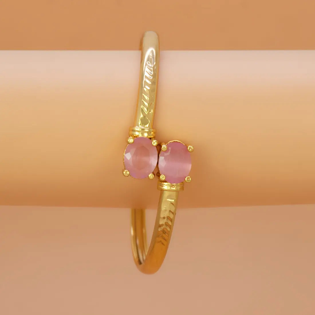 Gold Plated Dual Oval Stone Cuff Bangle - Pastel Pink