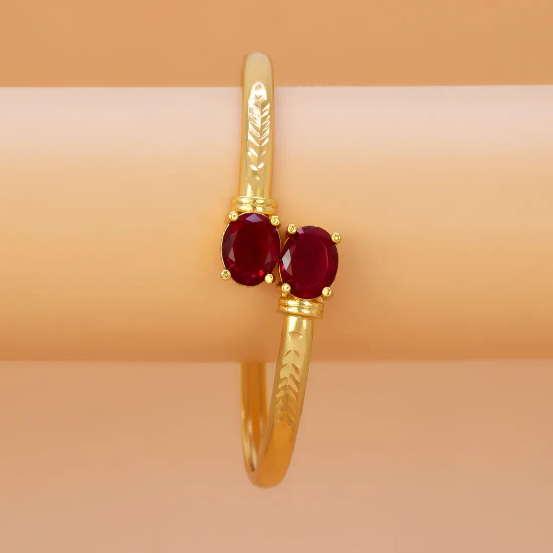 Gold Plated Dual Oval Stone Cuff Bangle - Red
