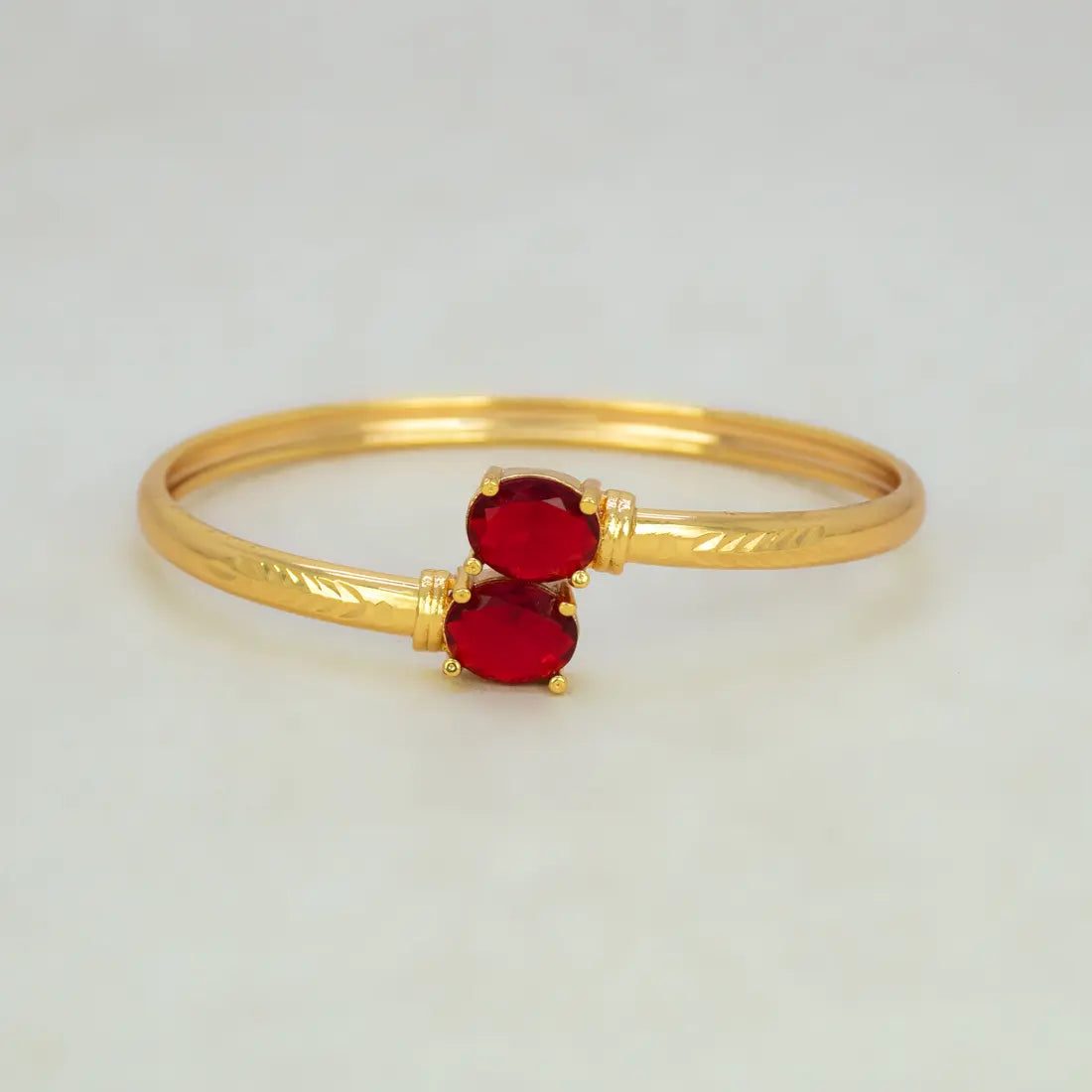 Gold Plated Dual Oval Stone Cuff Bangle - Red