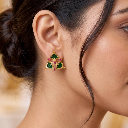 Premium Gold Plated Triple Palakka Floral Ear Studs