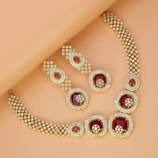 Party Wear Gold Plated CZ Stone Necklace Set