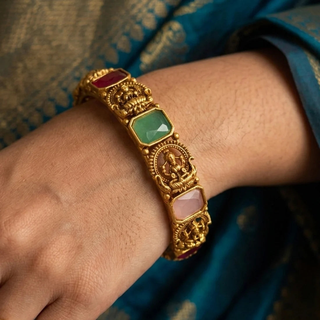 Antique Gold Plated Lakshmi Sufi Pastel Stone Bangle