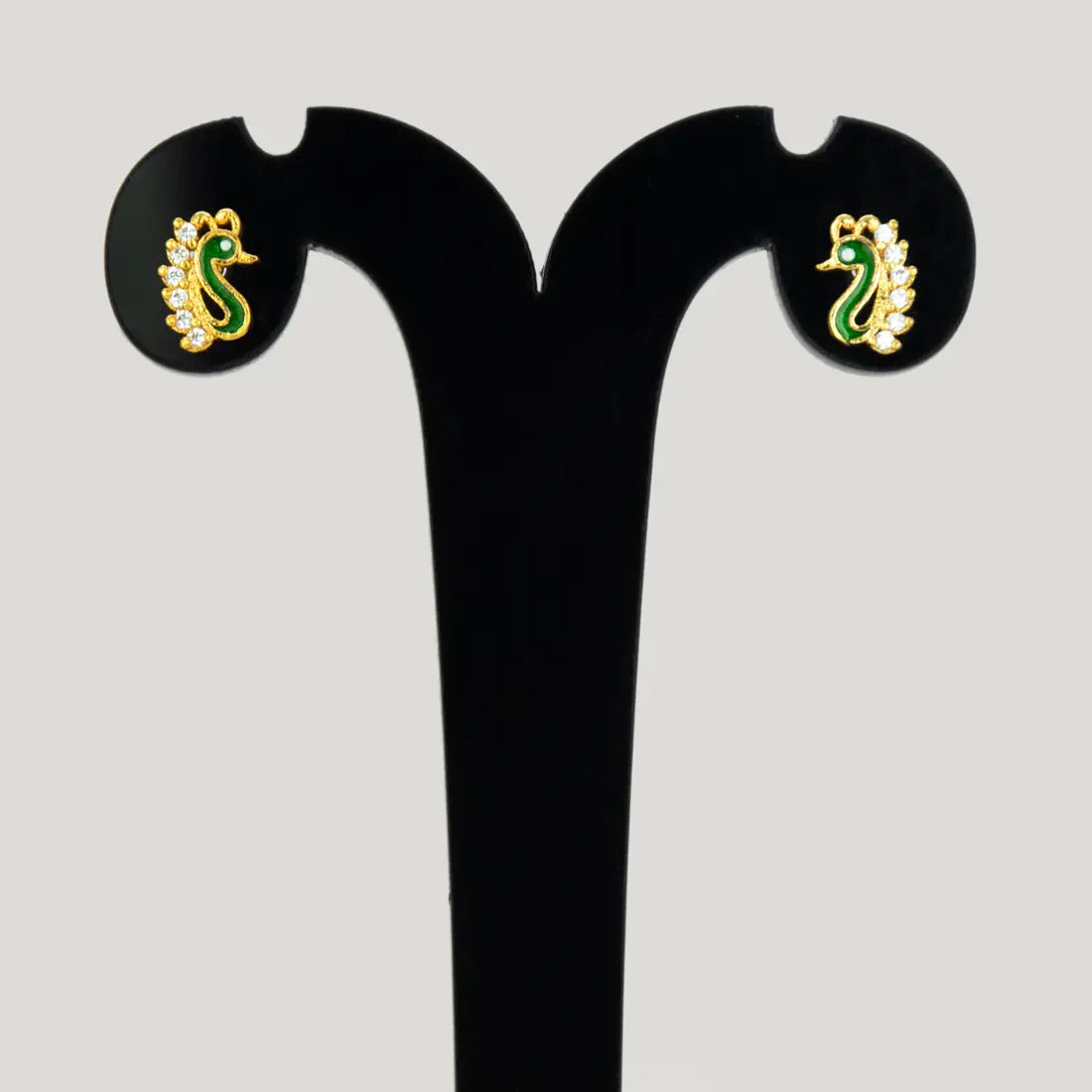 Gold Plated Enamel Peacock Design Stone Ear Studs - CZ