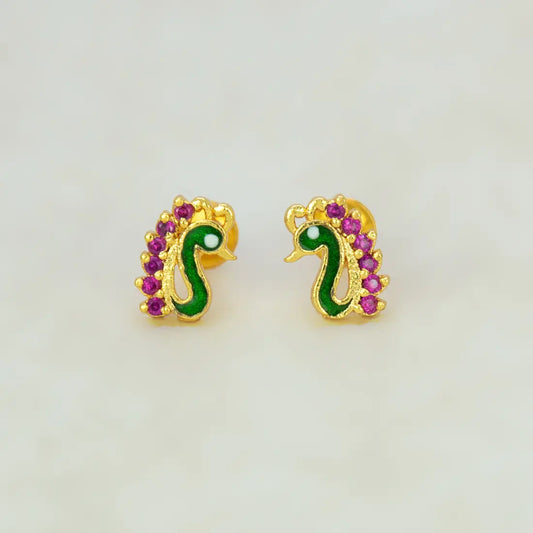 Gold Plated Enamel Peacock Design Stone Ear Studs - Ruby