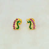 Gold Plated Enamel Peacock Design Stone Ear Studs - Ruby